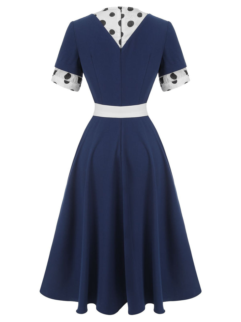 [Vorverkauf] Blaues gepunktetes Kleid mit Gürtel