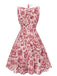 Rotes ärmelloses Kleid Mit Blumenmuster Und Revers 1940er