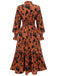Orangefarbenes geblümtes Kleid mit V-Ausschnitt und hoher Taille 1950er