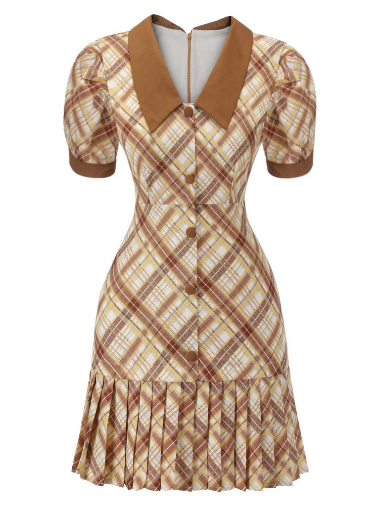 1960er Kariertes Plissee-Kleid mit Puffärmeln