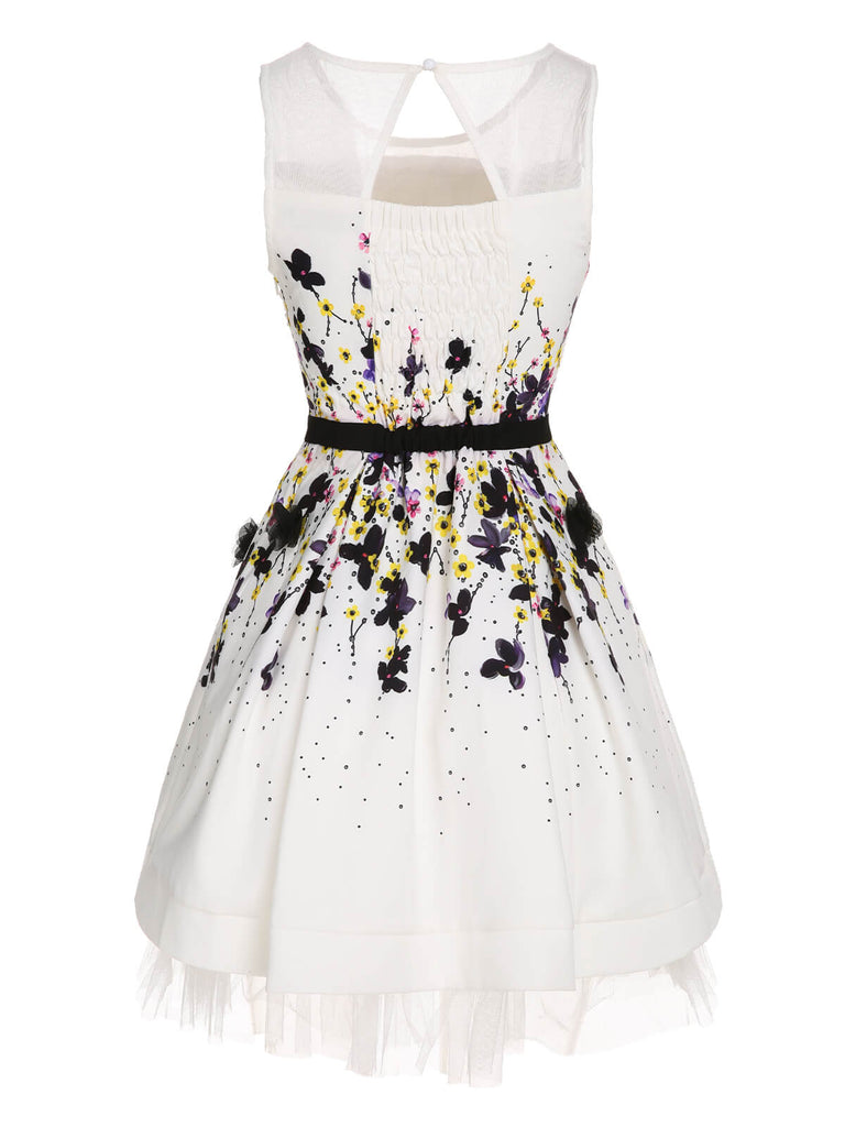 Weißes 1960er Buntes Florales Ärmelloses Kleid
