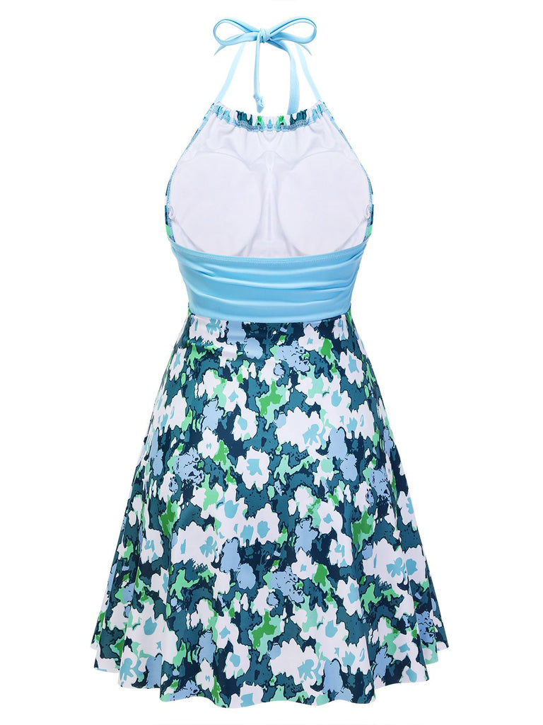 [Vorverkauf] Blauer 1930er Blumen Schleifenknoten Patchwork Badeanzug