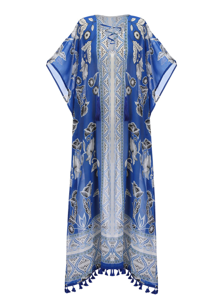 Blauer 1960er Floral Tassel Robe Cover-up
